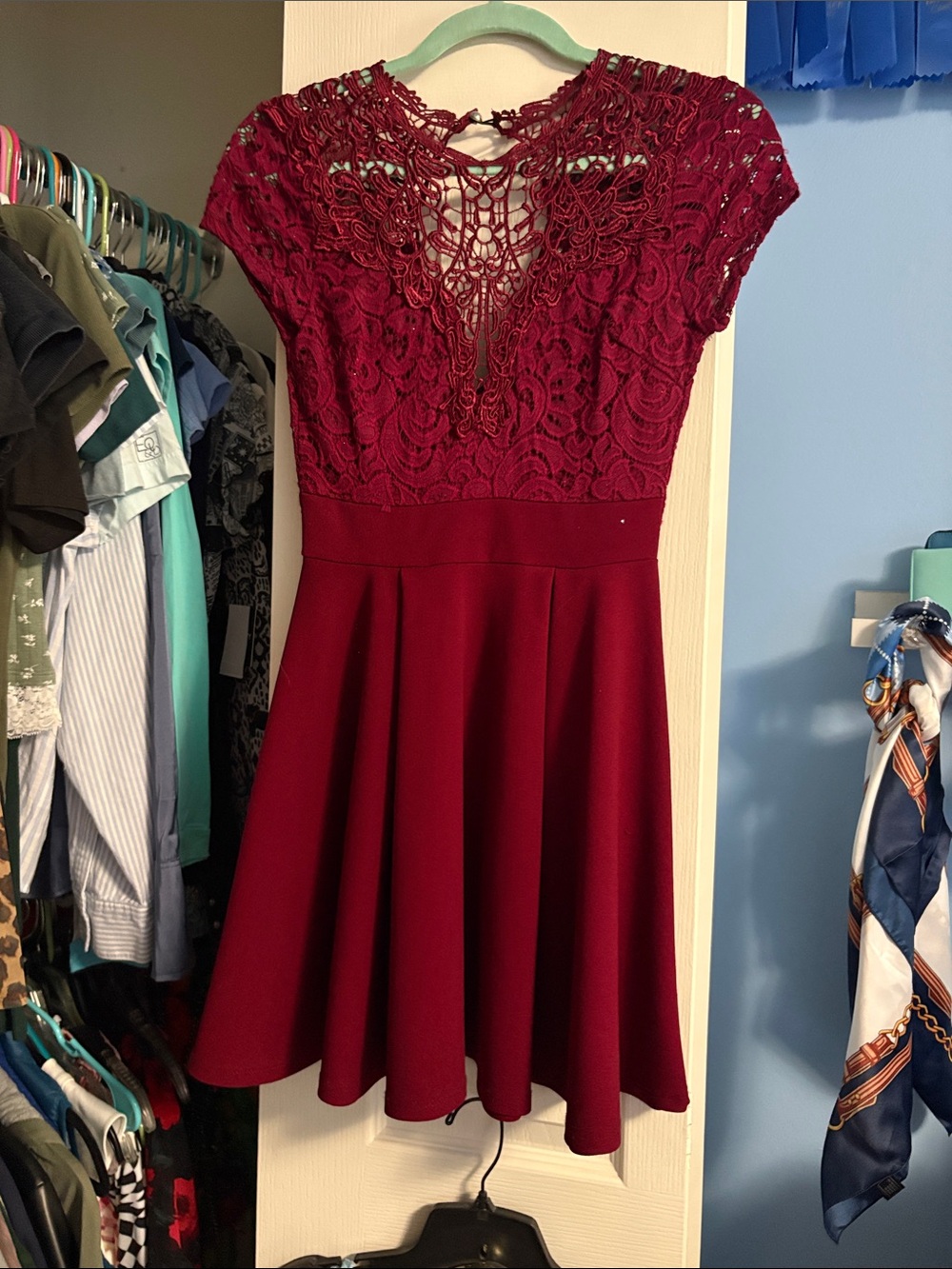 Lace Bodice Fit & Flare Dress - Burgundy